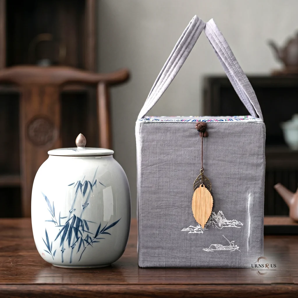 Large white ceramic cremation urn featuring hand-painted blue bamboo, displayed next to a grey embroidered protective travel bag with a wooden leaf charm.