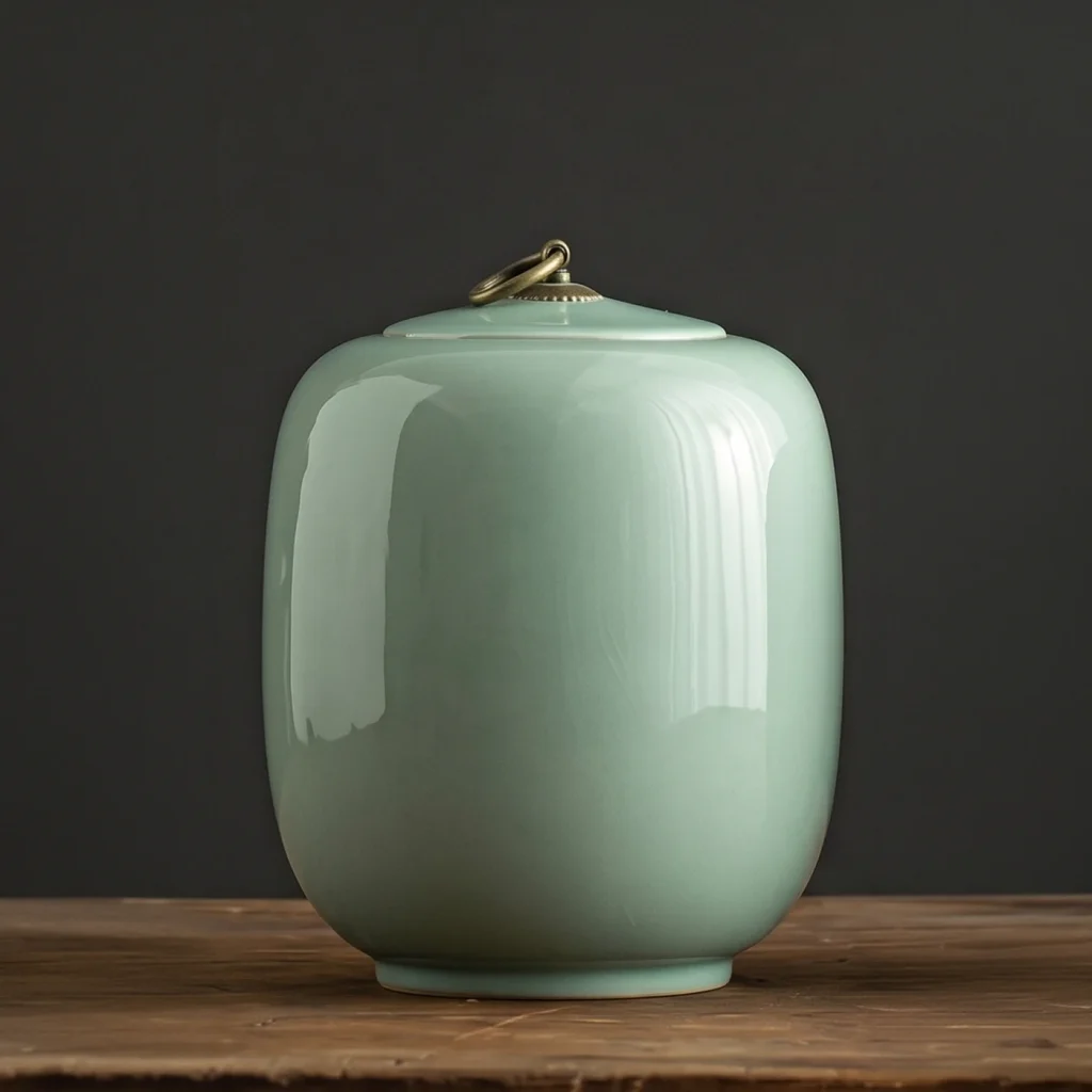 Calming light green ceramic cremation urn for human ashes, 24cm high, glossy finish, studio shot