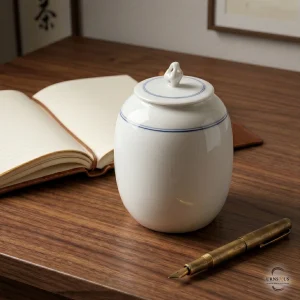 Handcrafted ceramic storage urn placed on a dark timber desk next to an open notebook and a brass fountain pen, showcasing its use as a sophisticated decor piece.