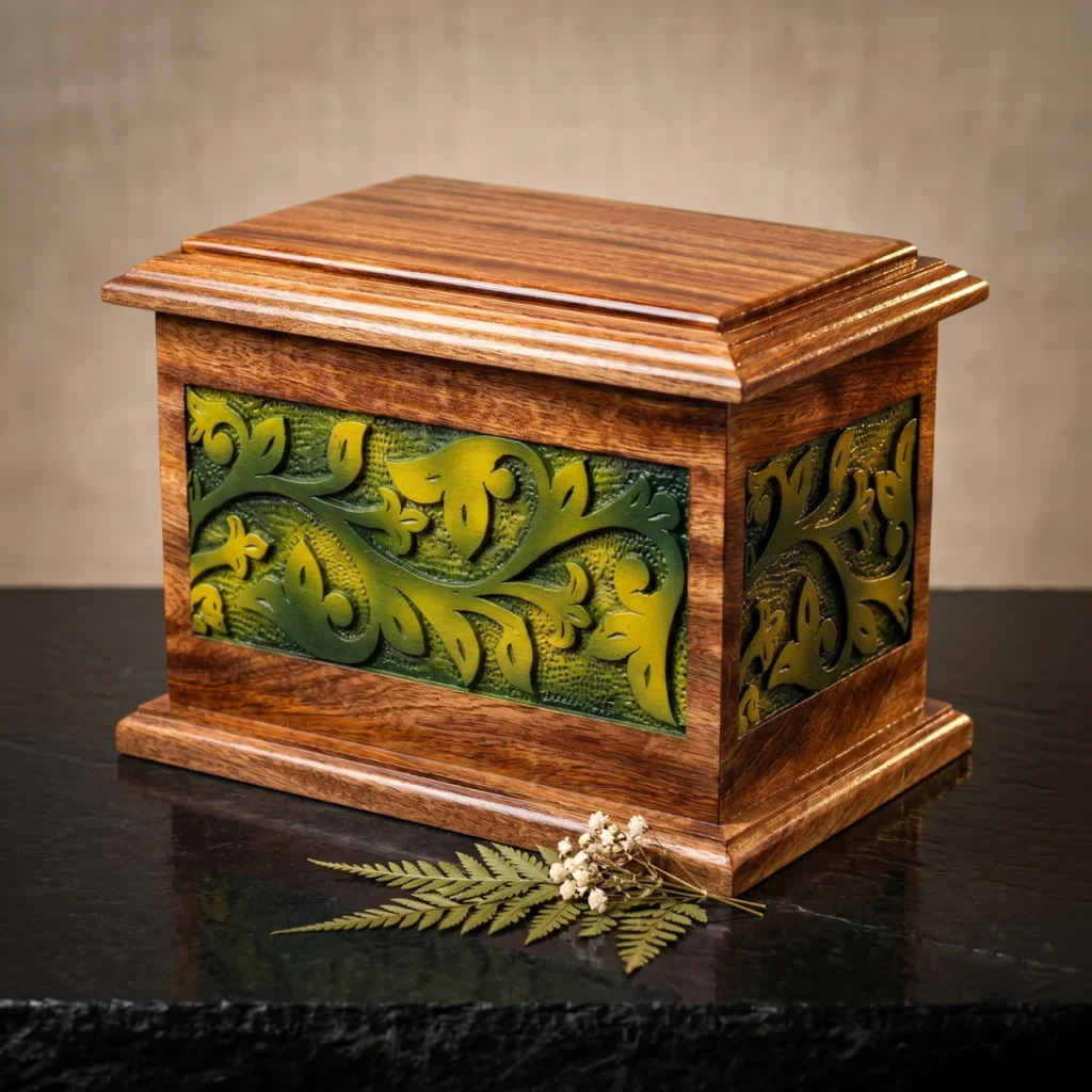 Wooden adult cremation urn featuring a polished finish and vibrant green carved vine inset panels.