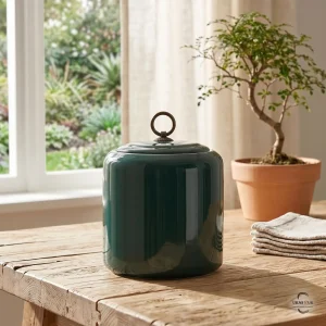 The Emerald Zen Ceramic Cremation Urn placed on a rustic timber table next to a small bonsai tree and folded linens in a sunlit room.