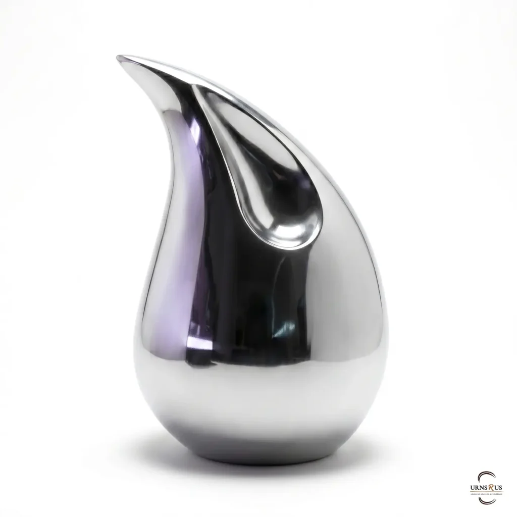 A high-polish silver aluminium teardrop cremation urn for adult ashes, shown on a clean white background with realistic metallic reflections.