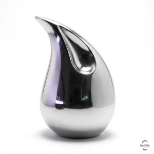 A high-polish silver aluminium teardrop cremation urn for adult ashes, shown on a clean white background with realistic metallic reflections.
