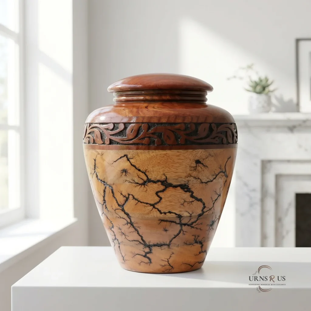 Fractal wood adult cremation urn pedestal display