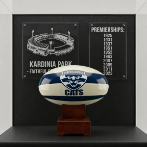 Geelong Cats AFL Cremation Urn in a memorial cabinet with plaques listing the club's premiership years.