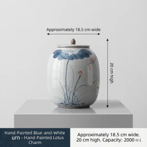 Studio photograph of a hand-painted blue and white ceramic urn with a detailed lotus flower and small koi fish pattern. The urn is shown on a white pedestal with dimension arrows indicating it is approximately 18.5 cm wide and 20 cm high. Text panels specify a 2000ml capacity and the product name 'Lotus Charm'.