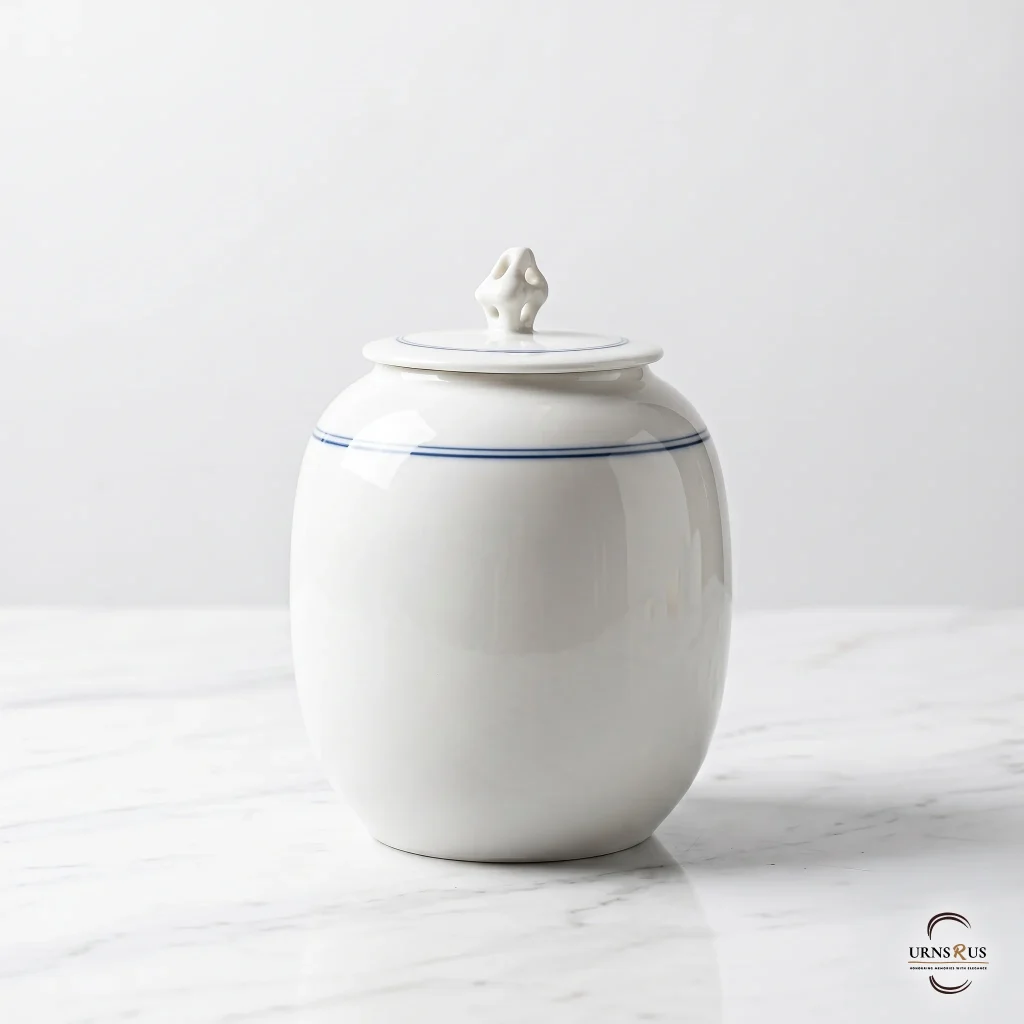 A high-gloss white handcrafted ceramic storage urn featuring a blue fillet line and a traditional red seal, shown on a white marble surface.