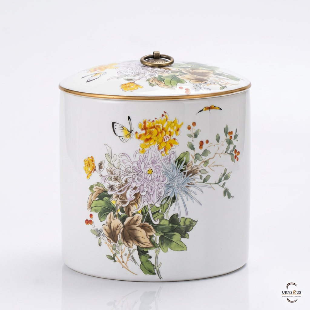 Imperial Chrysanthemum Ceramic Keepsake Urn with hand-painted floral and butterfly motifs on a clean white background.