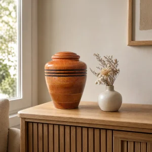 A polished wooden cremation urn featuring three dark horizontal bands, resting on a wooden cabinet next to a small white vase with dried flowers in a brightly lit room.