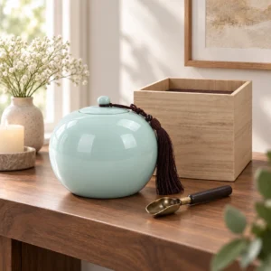 Serenity Sphere celadon green ceramic memorial urn displayed in a peaceful home interior