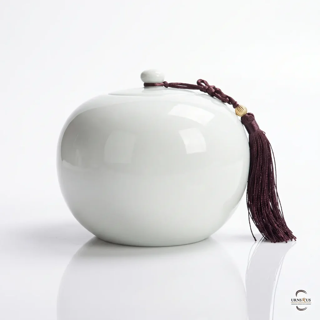 Minimalist white Serenity Sphere Ceramic Memorial Urn with a dark silk tassel on a white background.