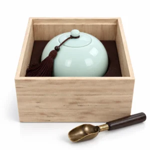 Serenity Sphere memorial urn complete set with green ceramic urn, timber box, tassel and brass scoop