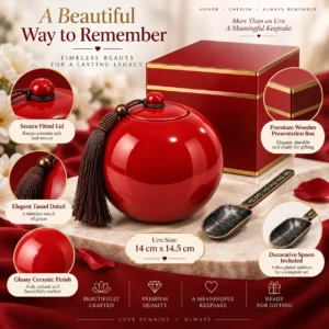 Red ceramic memorial urn infographic showing glossy finish, fitted lid, tassel, wooden box and decorative spoon