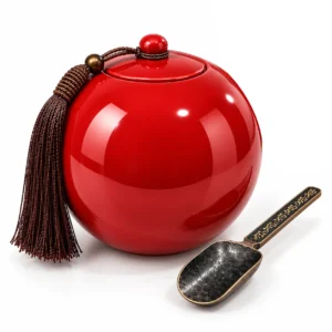 Serenity Sphere red ceramic memorial urn for ashes with tassel, decorative spoon and premium wooden presentation box