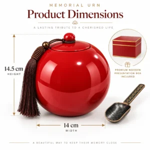 Serenity Sphere red ceramic memorial urn dimensions showing 14 cm width and 14.5 cm height