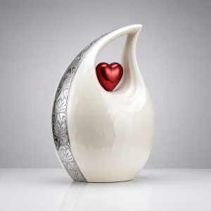 Eternal Embrace Teardrop Cremation Urn for Ashes - White with Red Heart & Silver Floral