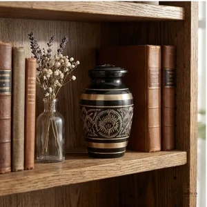 A black and gold brass cremation keepsake urn displayed on a wooden bookshelf next to books and dried flowers.