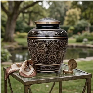 A black and gold brass cremation urn with intricate detailing sits on a glass-top table in a garden, next to a folded scarf and a small brass compass.