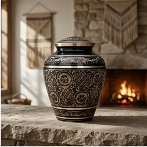 A black and gold brass cremation urn sits on a stone hearth in front of a fireplace.