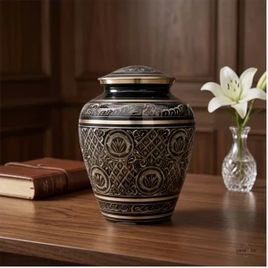 A black and gold brass cremation urn with intricate detailing sits on a wooden table next to a leather-bound book and a crystal vase with a white lily.