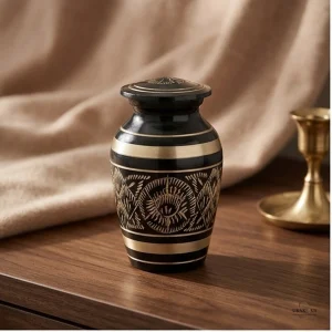 A black and gold brass cremation keepsake urn with intricate carvings sits on a wooden table next to a brass candle holder, with a soft brown fabric draped in the background.