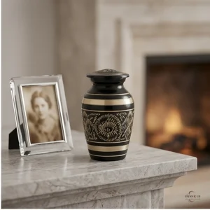 A black and gold brass cremation keepsake urn sits on a marble surface next to a framed photo of a woman, with a fireplace in the background. Mockup image.