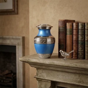 A bright blue cremation urn with silver detailing sits on a stone mantelpiece next to a row of antique books and a small silver bird figurine, with a fireplace visible in the background.