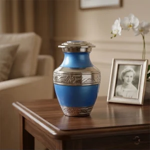 A blue and silver keepsake cremation urn sits on a wooden table next to a framed black and white photo of a woman and a white orchid.