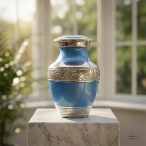 A blue sapphire cremation urn with silver skirting, placed on a marble pedestal in front of a sunlit window.