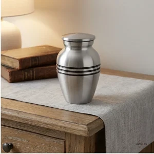 A classic silver brass keepsake urn for ashes sits on a grey runner on a wooden table, next to two old books and a lamp.