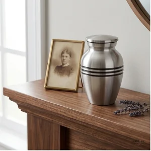 A classic silver brass keepsake urn for ashes is displayed on a wooden mantelpiece next to a framed sepia photograph of a young woman and a sprig of dried lavender.
