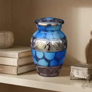 A blue and silver keepsake urn with a cloud pattern sits on a shelf next to books and a small decorative box.