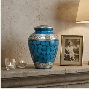 A Cynosure Sea Blue cremation urn displayed on a stone shelf with two lit candles and a framed black and white photo of a child.