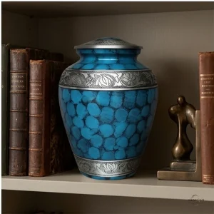 A detailed mockup image of the Cynosure Sea Blue Cremation Urn displayed on a shelf between antique books and a bronze bookend.