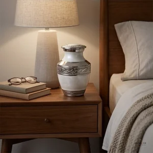 A Pearl White Keepsake Cremation Urn for Ashes displayed on a wooden nightstand next to a lamp and books, with a bed in the background.