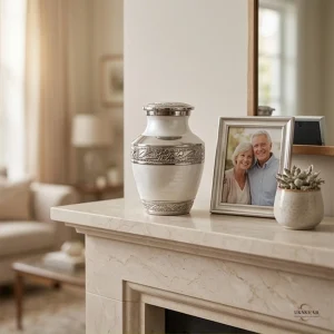 A pearl white keepsake cremation urn sits on a marble fireplace hearth next to a silver photo frame containing a picture of a smiling elderly couple and a small succulent plant.
