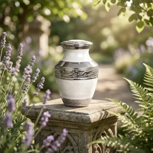 A pearl white cremation urn with silver decorative bands sits on a stone pedestal in a serene garden with lavender and ferns.