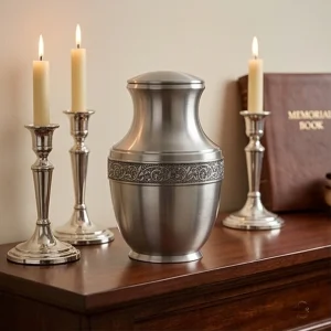 A Regal Silver Serenity cremation urn for ashes is displayed on a wooden surface, flanked by two silver candlesticks with lit candles on the left and one on the right. A brown memorial book is visible behind the urn and the rightmost candle.