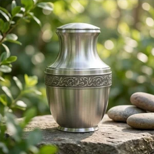A Regal Silver Serenity cremation urn for ashes, featuring an ornate band, rests on a stone surface outdoors with lush green foliage and smooth river stones in the background.