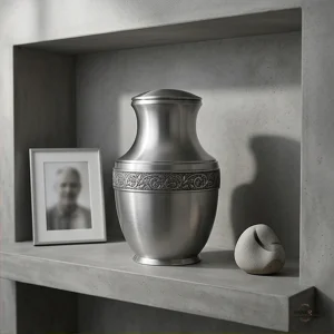 A silver cremation urn with intricate detailing sits on a shelf next to a framed photo of a man and a decorative stone.