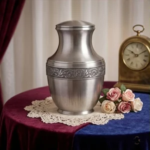 A regal silver cremation urn with intricate detailing sits on a table covered with a burgundy and blue cloth, adorned with a doily and a small bouquet of pink and cream roses. A vintage clock is visible in the background.