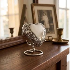 A close-up, eye-level shot of a Satori silver heart-shaped keepsake urn for ashes displayed on a wooden dresser, with a vintage framed photograph of a young girl in the background.