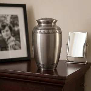 A silver cremation urn with a heart pattern, displayed on a wooden surface next to a framed photo and a mirror.