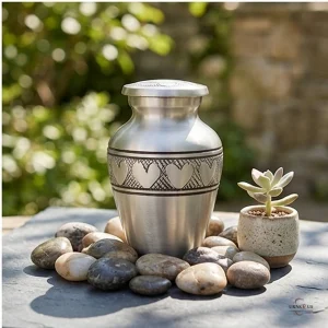 A silver cremation urn with a heart engraving, surrounded by smooth stones and a small succulent plant, set outdoors on a stone surface.