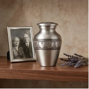 A silver heart keepsake cremation urn sits on a wooden shelf next to a framed photo of an elderly couple and a sprig of dried lavender.
