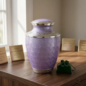 A lilac-colored cremation urn with a textured pattern and silver accents, placed on a wooden surface next to a small green velvet pouch and brass plaques.