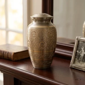 A detailed vintage golden cremation urn for ashes is displayed on a polished wooden shelf, next to an old book and a framed photograph.