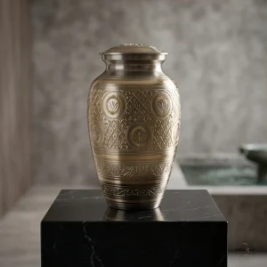A vintage-style golden cremation urn with intricate embossed patterns, displayed on a black marble stand against a blurred background.