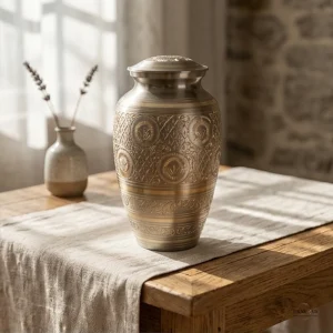 A vintage golden cremation urn with intricate patterns sits on a table with a linen runner and a small vase of lavender.