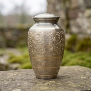 A detailed shot of a vintage golden cremation urn with intricate patterns, resting on a stone surface in an outdoor, natural setting.